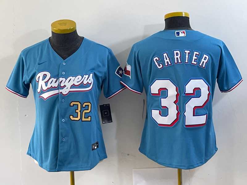 Women%27s Texas Rangers #32 Evan Carter Light Blue Team Logo Cool Base Jerseys
